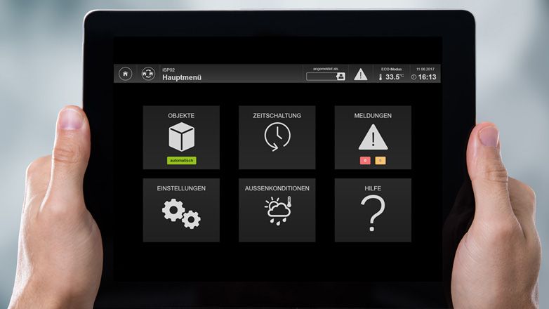 The main menu of a building automation software with options for controlling and monitoring systems.