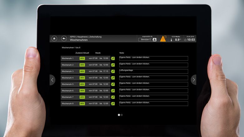 A tablet shows control software for weekly clocks with active schedules and note functions in a modern user interface.