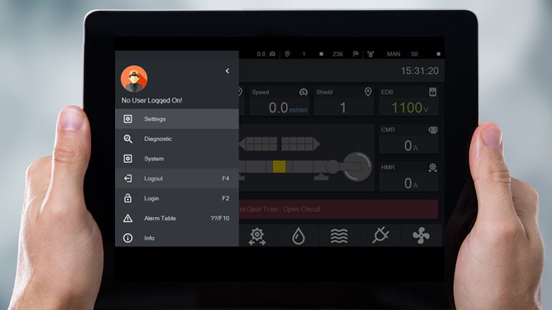 An industrial HMI user interface with an open menu for user settings.