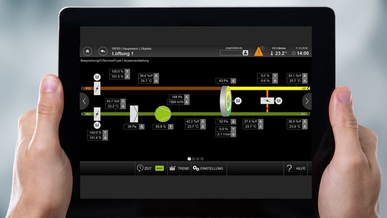 A tablet shows a building automation software with main menu and control for ventilation systems.