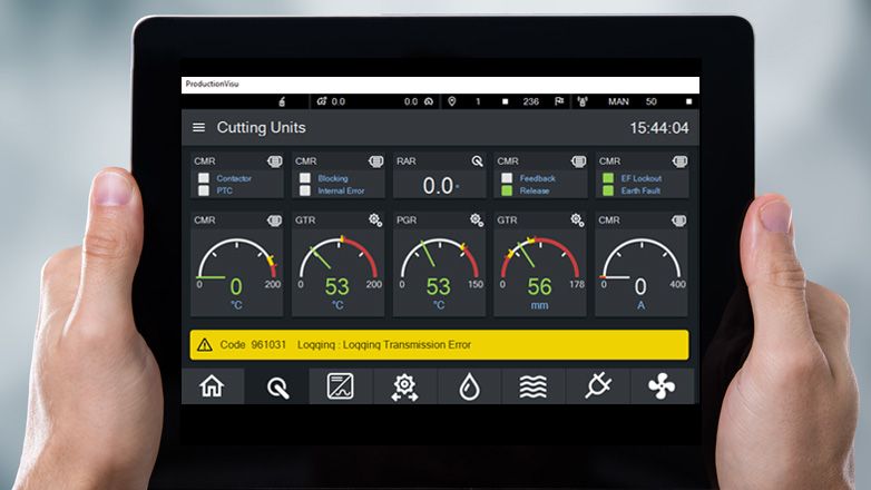 A CODESYS HMI web visualization for cutting units, with temperature and position displays as well as a logging transmission error message.