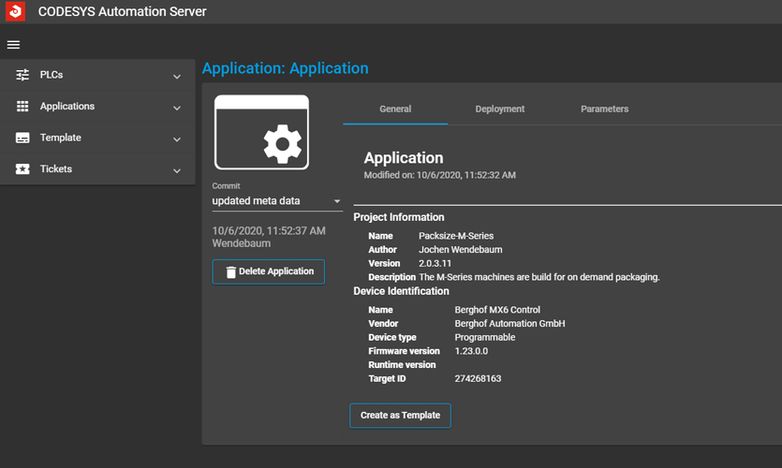 Display of the CODESYS application with details of version, author, device type and firmware on the CODESYS Automation Server.