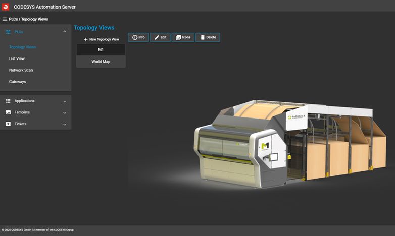Display of a Packsize on-demand packaging machine in the CODESYS topology view for management and monitoring.
