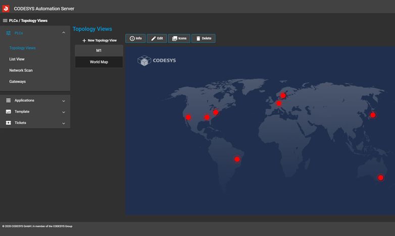 Global network and location overview in the CODESYS Automation Server topology view with multiple locations.